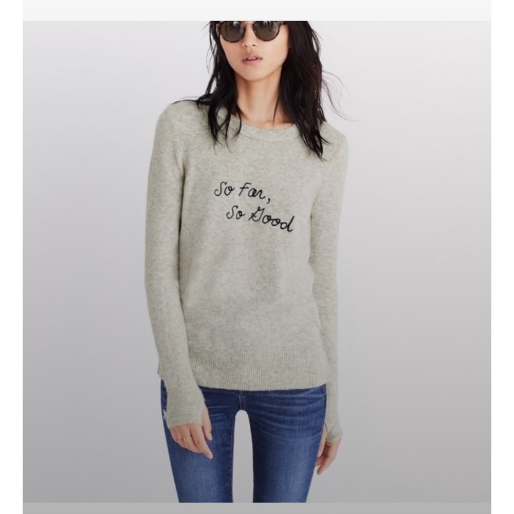 Madewell So Far So Good Merino Wool Alpaca Sweater Gray Embroidered Preppy S